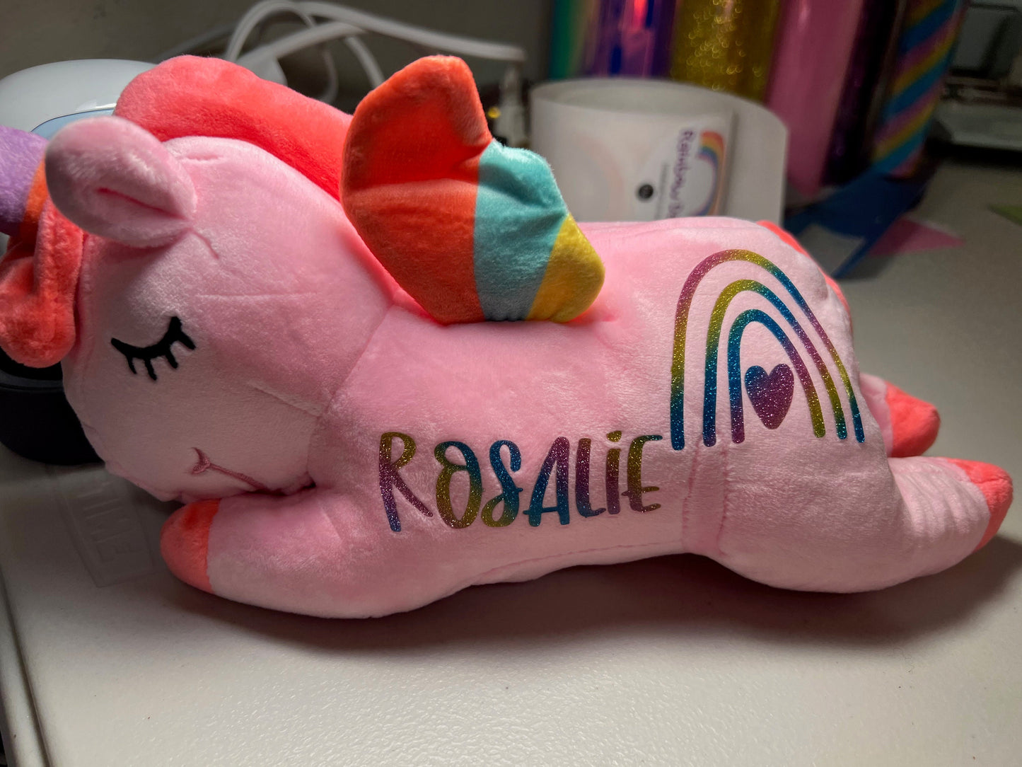 Pink Personalized Glitter Heart Rainbow Unicorn Plush with Bonus Gift