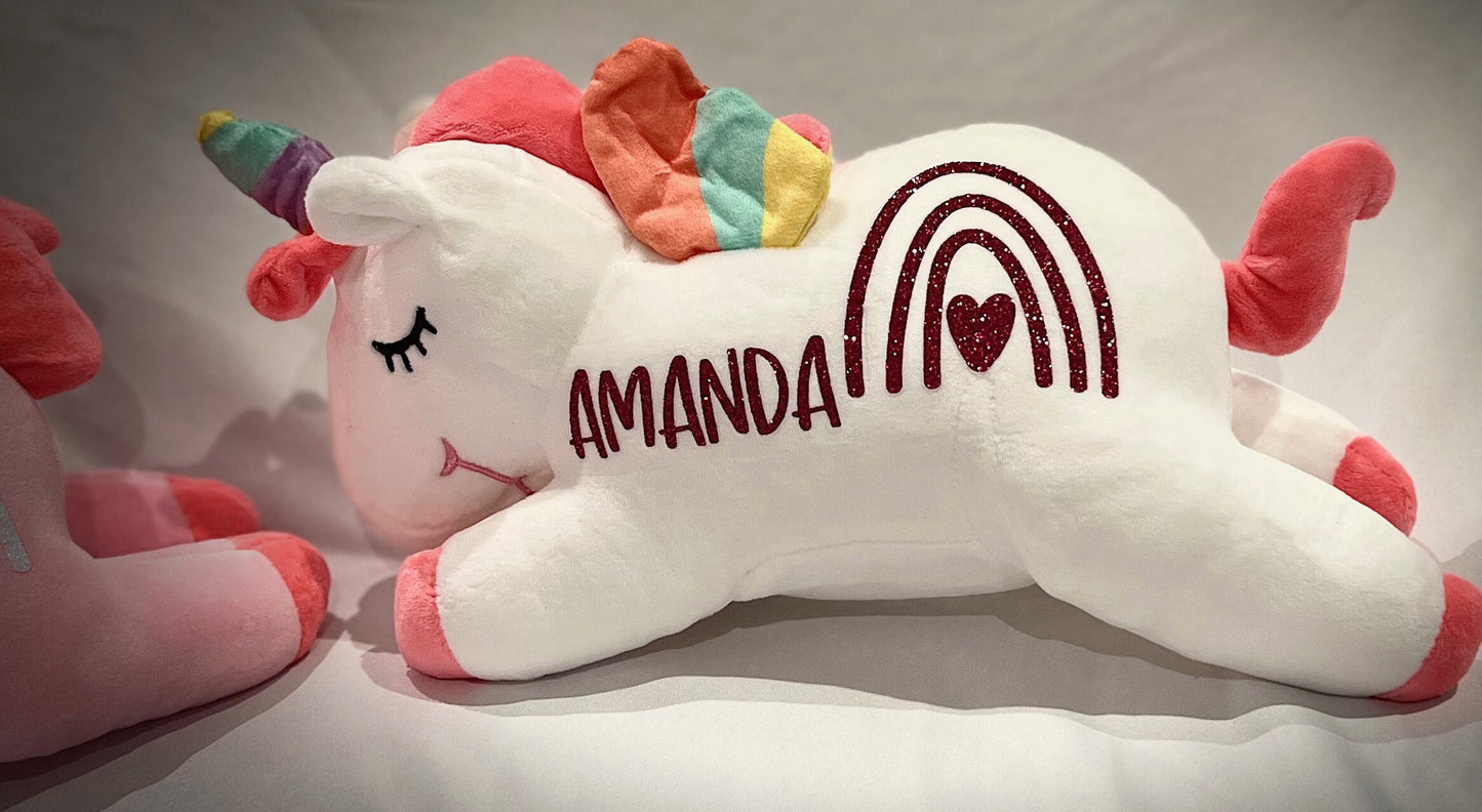White Personalized Glitter Heart Rainbow Unicorn Plush with Bonus Gift