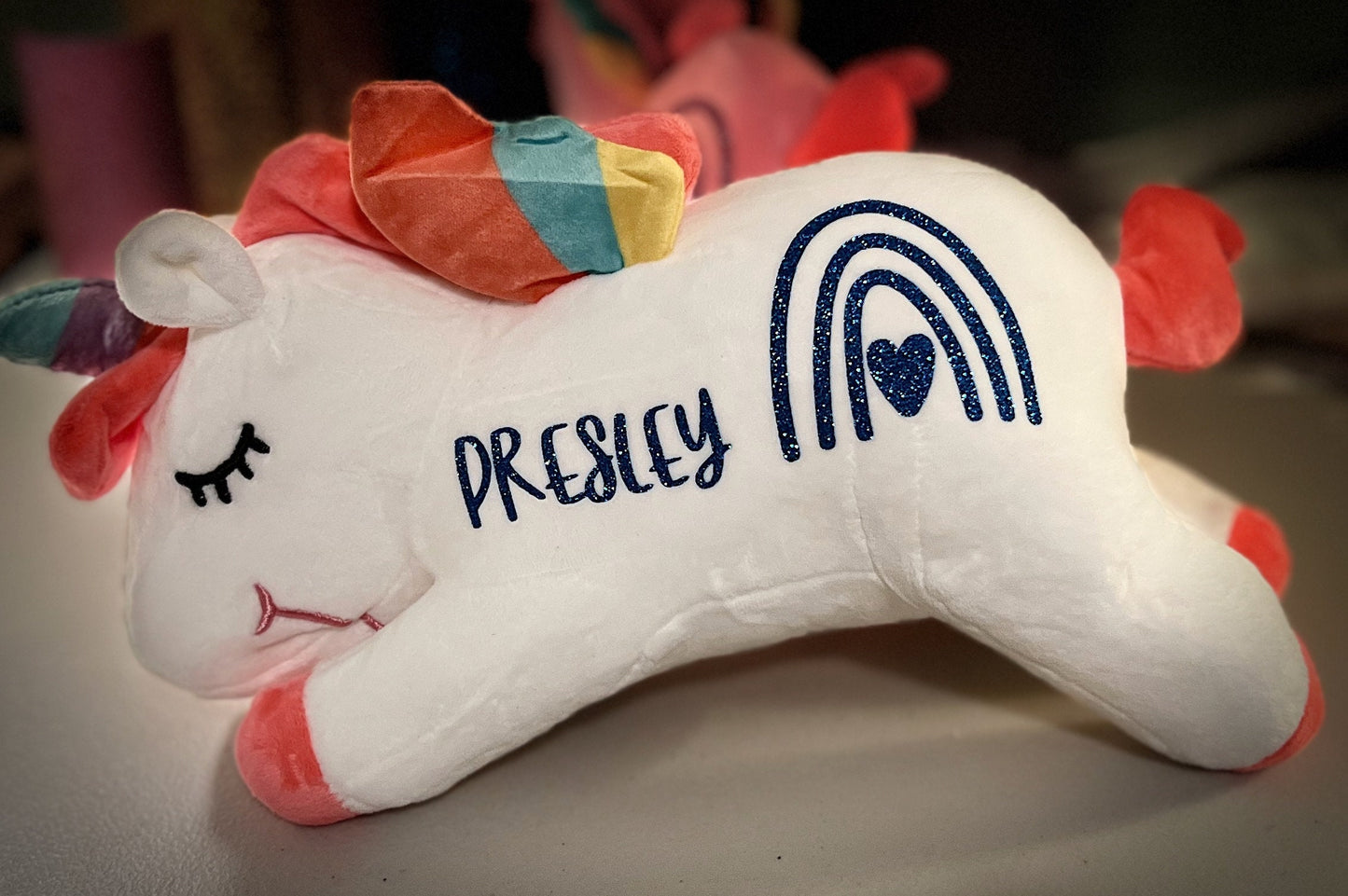 White Personalized Glitter Heart Rainbow Unicorn Plush with Bonus Gift