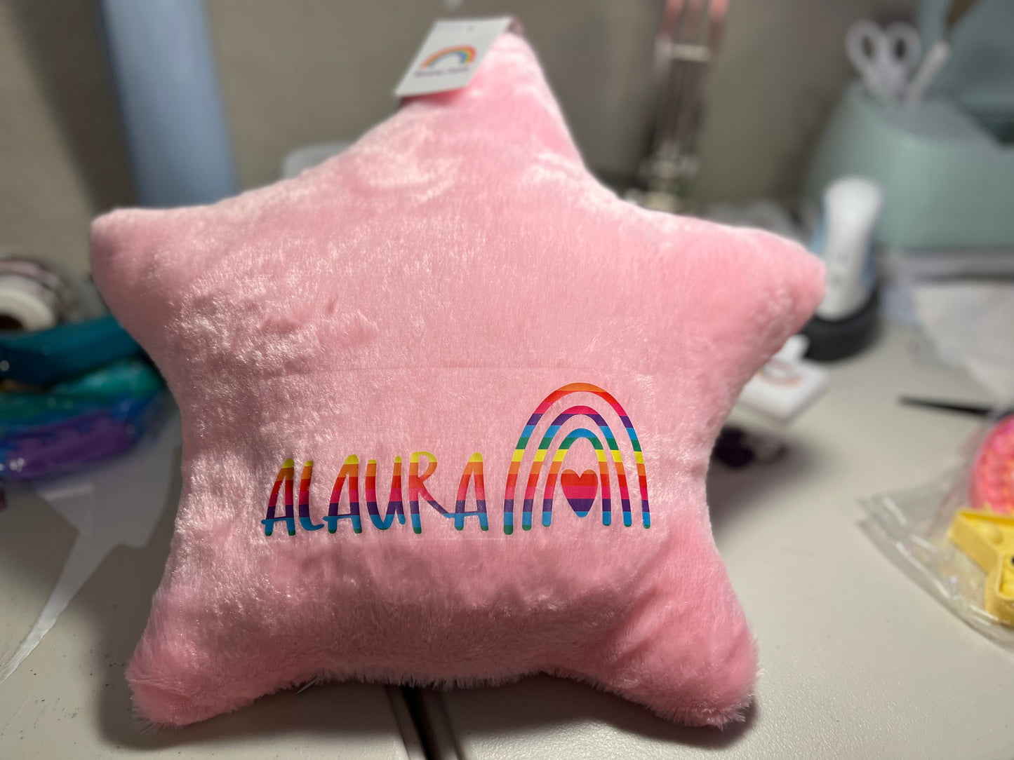 Personalized Pink Star Pillow with Light-Up Feature - Custom Monogram Design