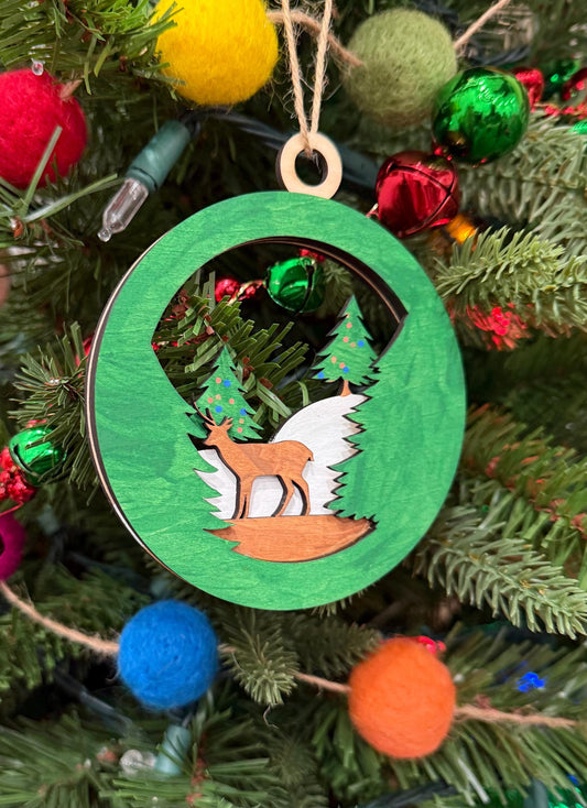 Handcrafted Wooden Deer Ornament for Holiday Decor - Festive Forest Scene with Evergreen Trees