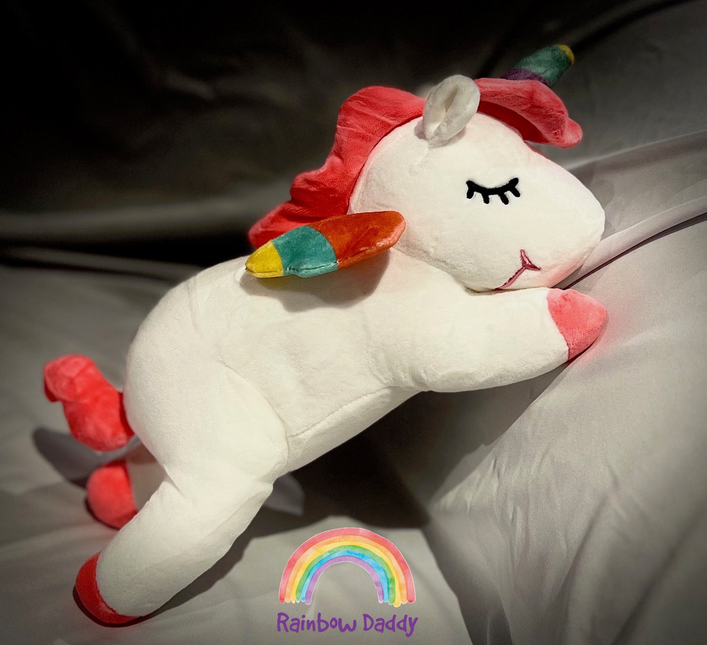 Personalized White Unicorn Plush with Hearts and special occasion gift