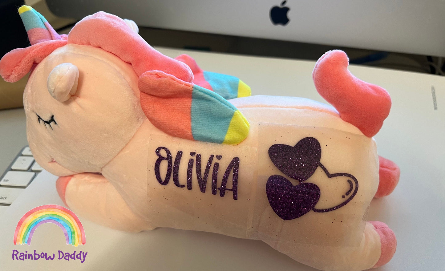 Pink Personalized Unicorn Plush with Hearts and special occasion gift | Valentine gift