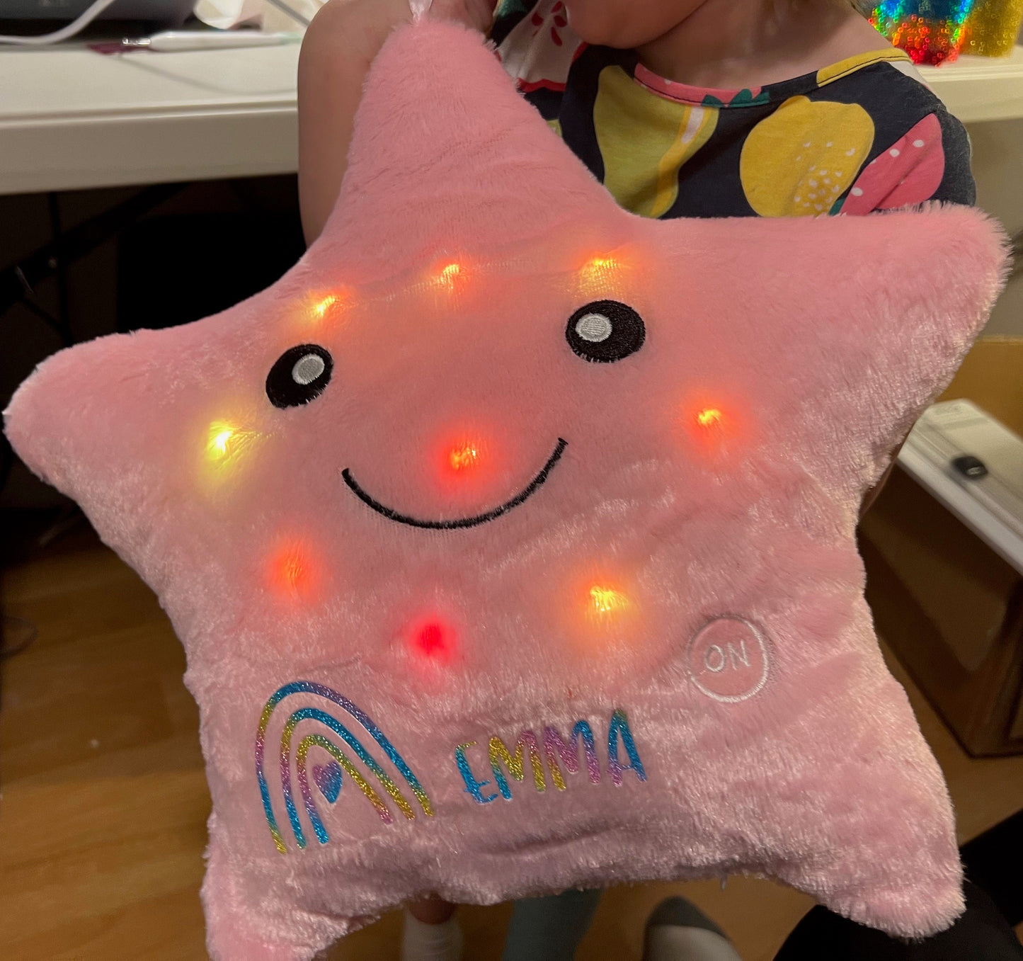 Personalized Pink Star Pillow with Light-Up Feature - Custom Monogram Design