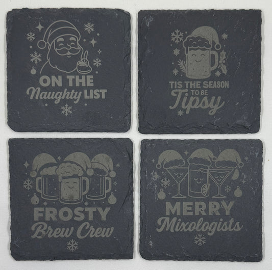 Holiday Drink Slate Coaster Set – Naughty, Tipsy & Festively Mixed