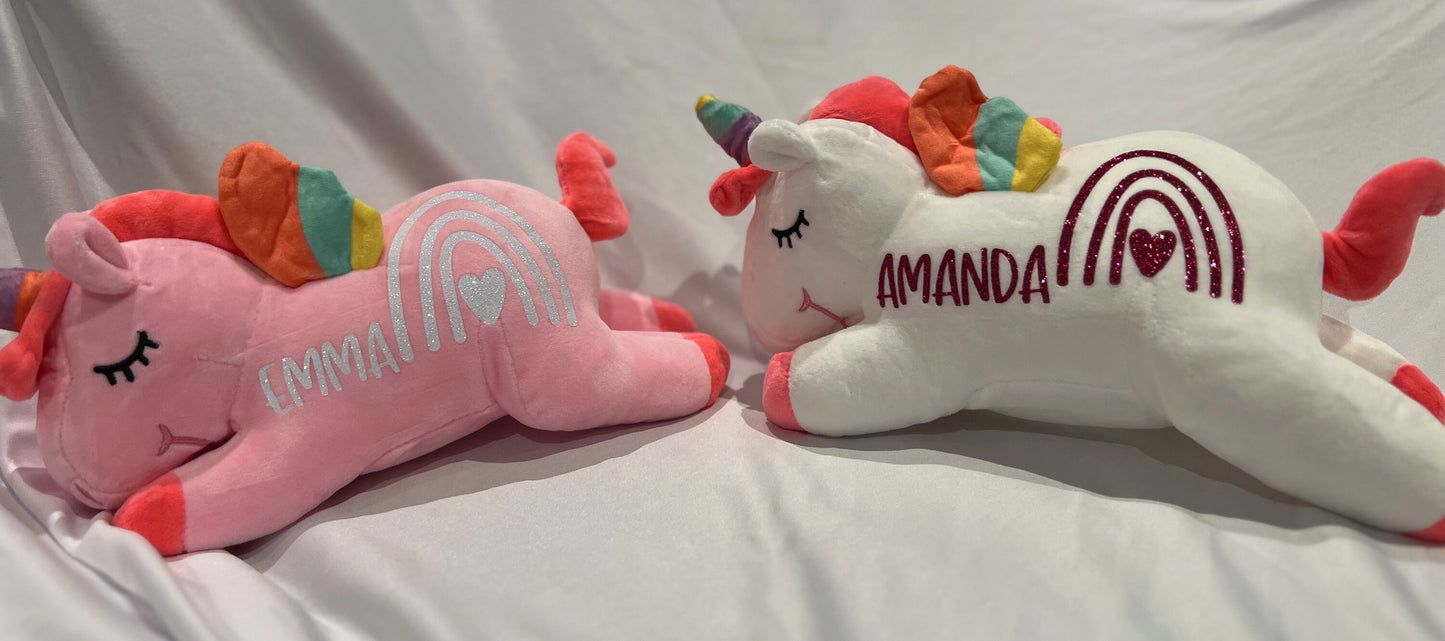 White Personalized Glitter Heart Rainbow Unicorn Plush with Bonus Gift