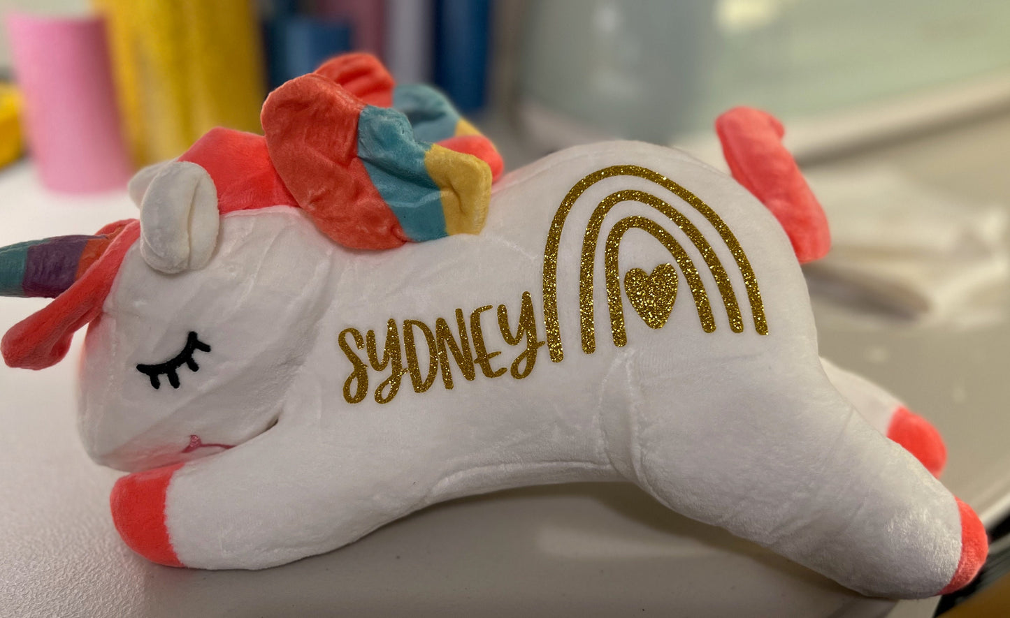 White Personalized Glitter Heart Rainbow Unicorn Plush with Bonus Gift