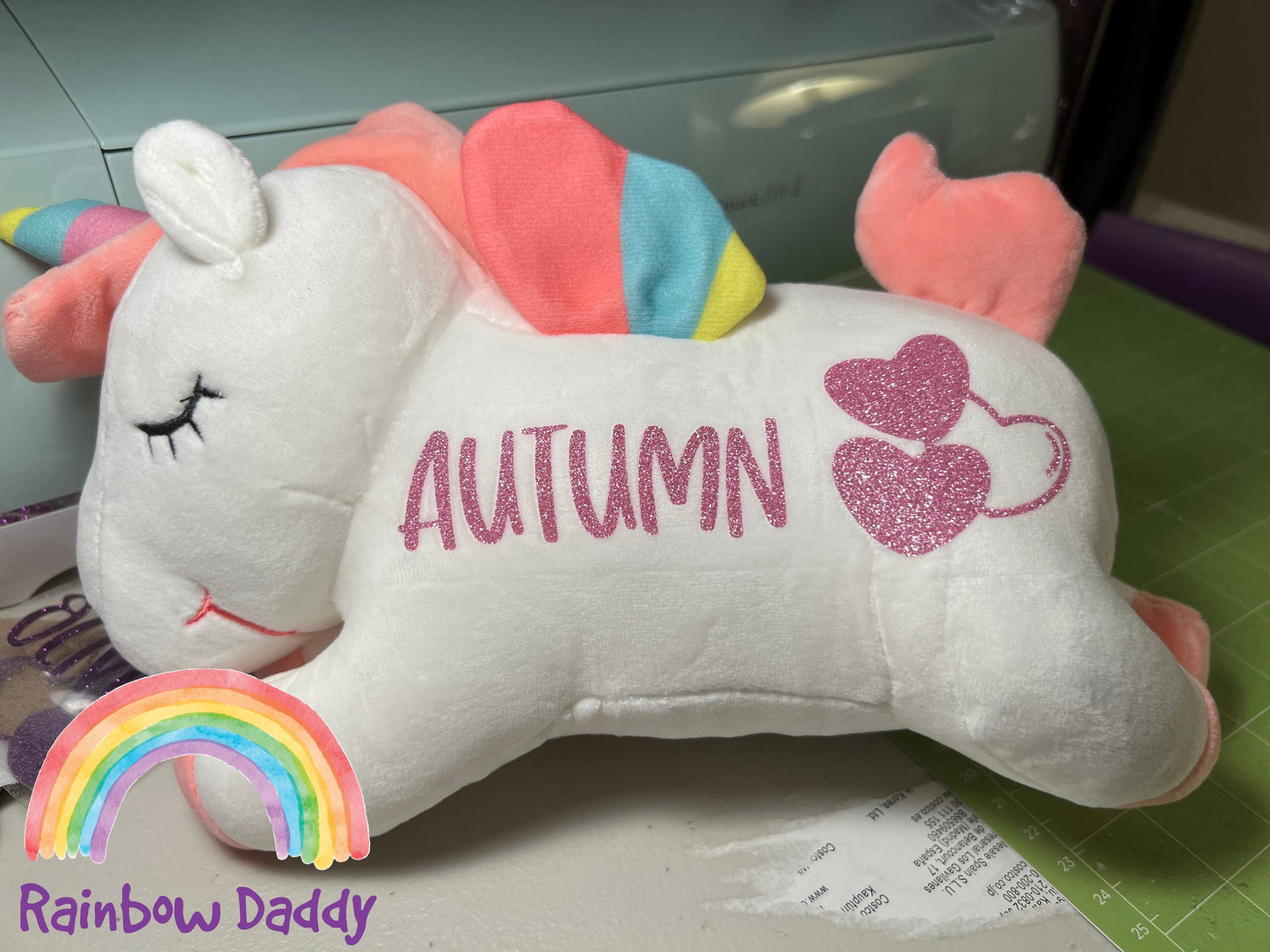 Personalized White Unicorn Plush with Hearts and special occasion gift