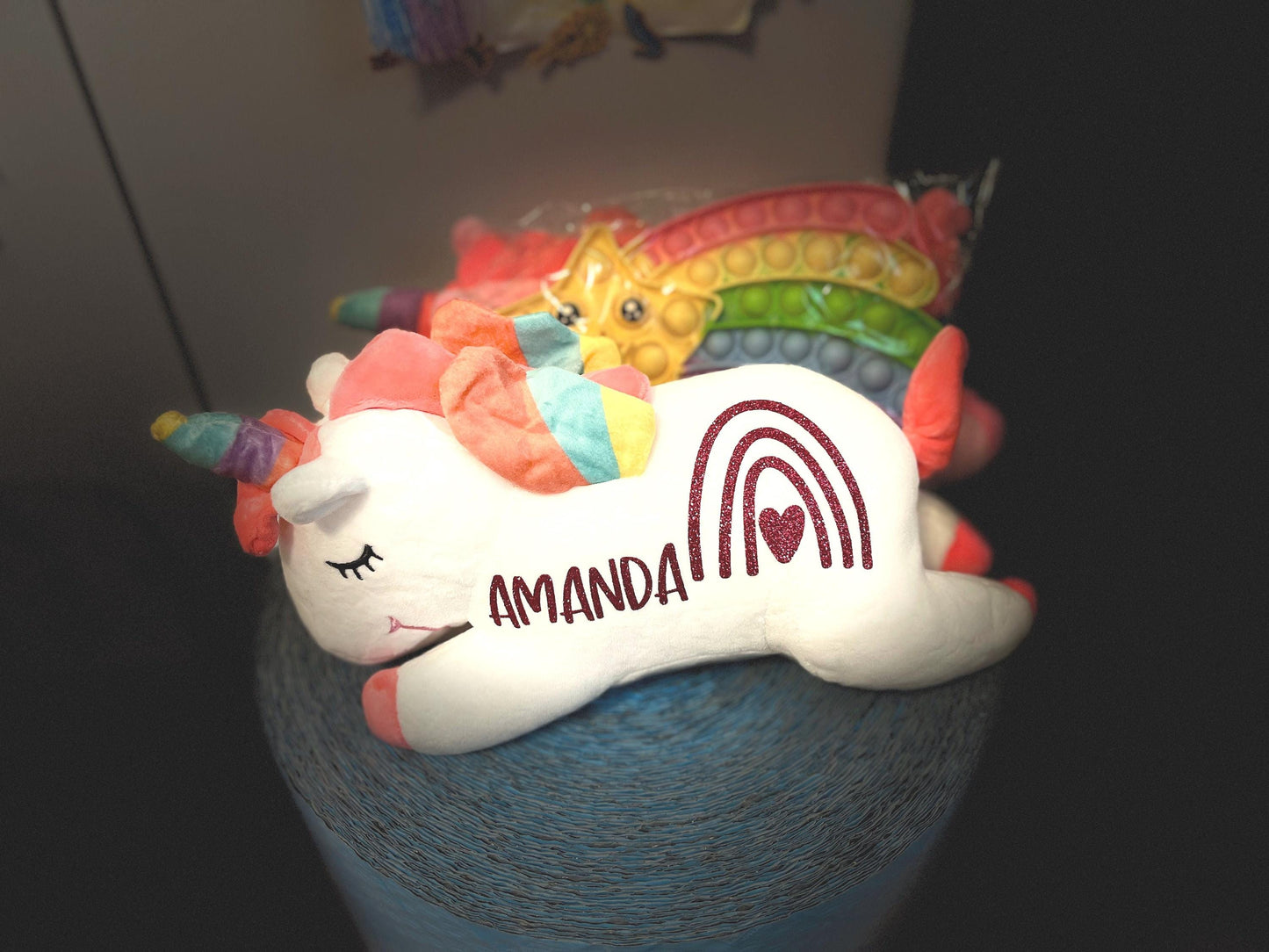 White Personalized Glitter Heart Rainbow Unicorn Plush with Bonus Gift