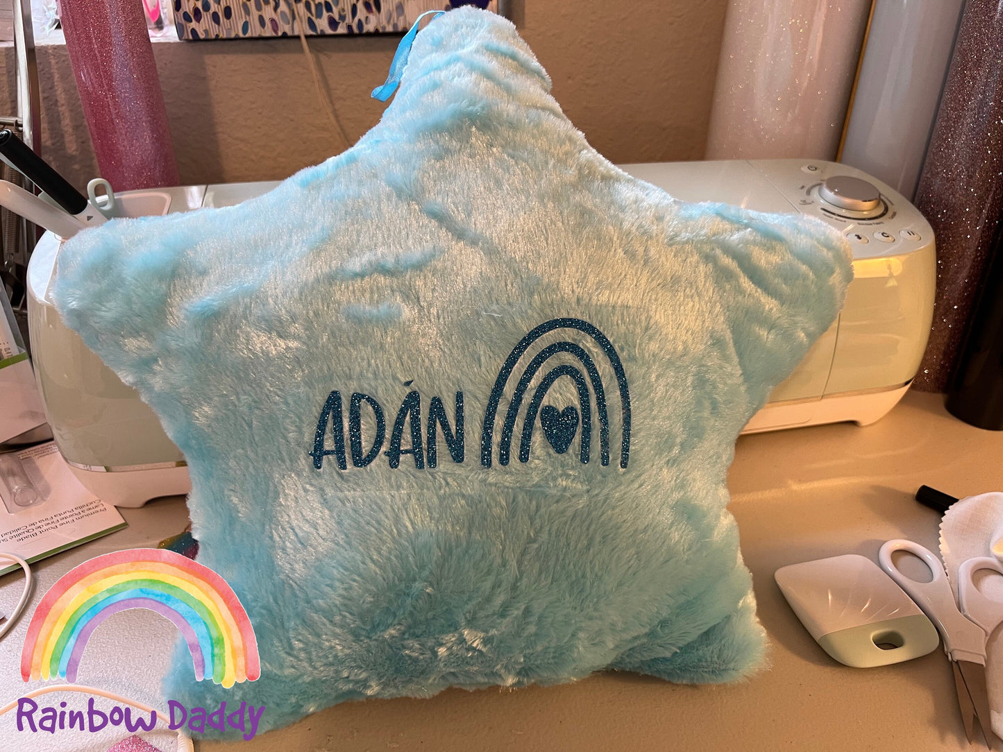 Personalized Blue Star Pillow with Light-Up Feature - Custom Monogram Design